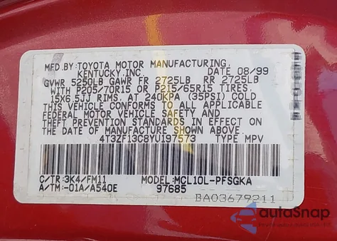 2000 Toyota Sienna Xle z USA, uszkodzony, nr VIN 4T3ZF13C8YU197573